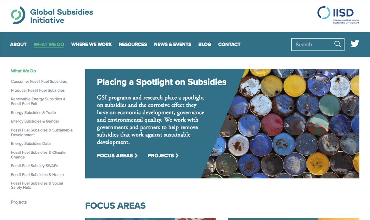 A desktop screen capture of the Global Subsidies Initative site. The main image is colourful oil barrels stacked on top of eachother, with the heading: Placing a Spotlight on Subsidies