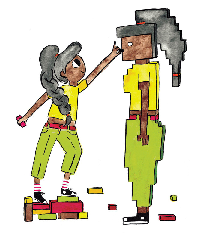 A drawing of a teen girl wearing brightly coloured clothing and a long braid faces her mirrored self - built in what seems to be blocks or pixels.