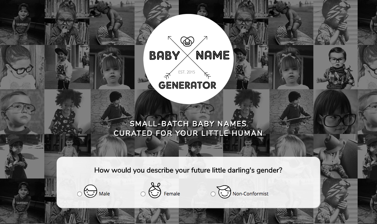 A desktop screen capture of the Hipster Baby Name Generator site. It is a survey with a background of black and white tiled images of 'hipster' children.