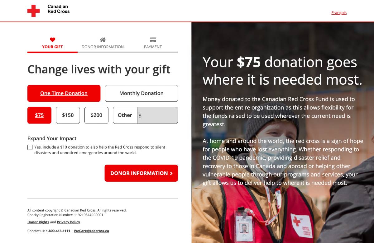 A desktop screen capture of the Canadian Red Cross Donation Portal.